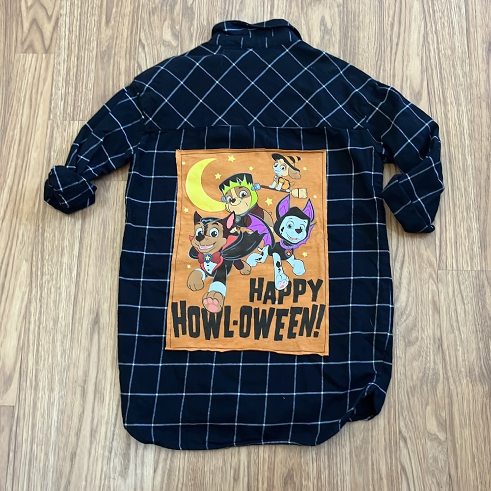 SALE Happy Howl-oween Halloween Flannel shirt upcycled unisex size 6
